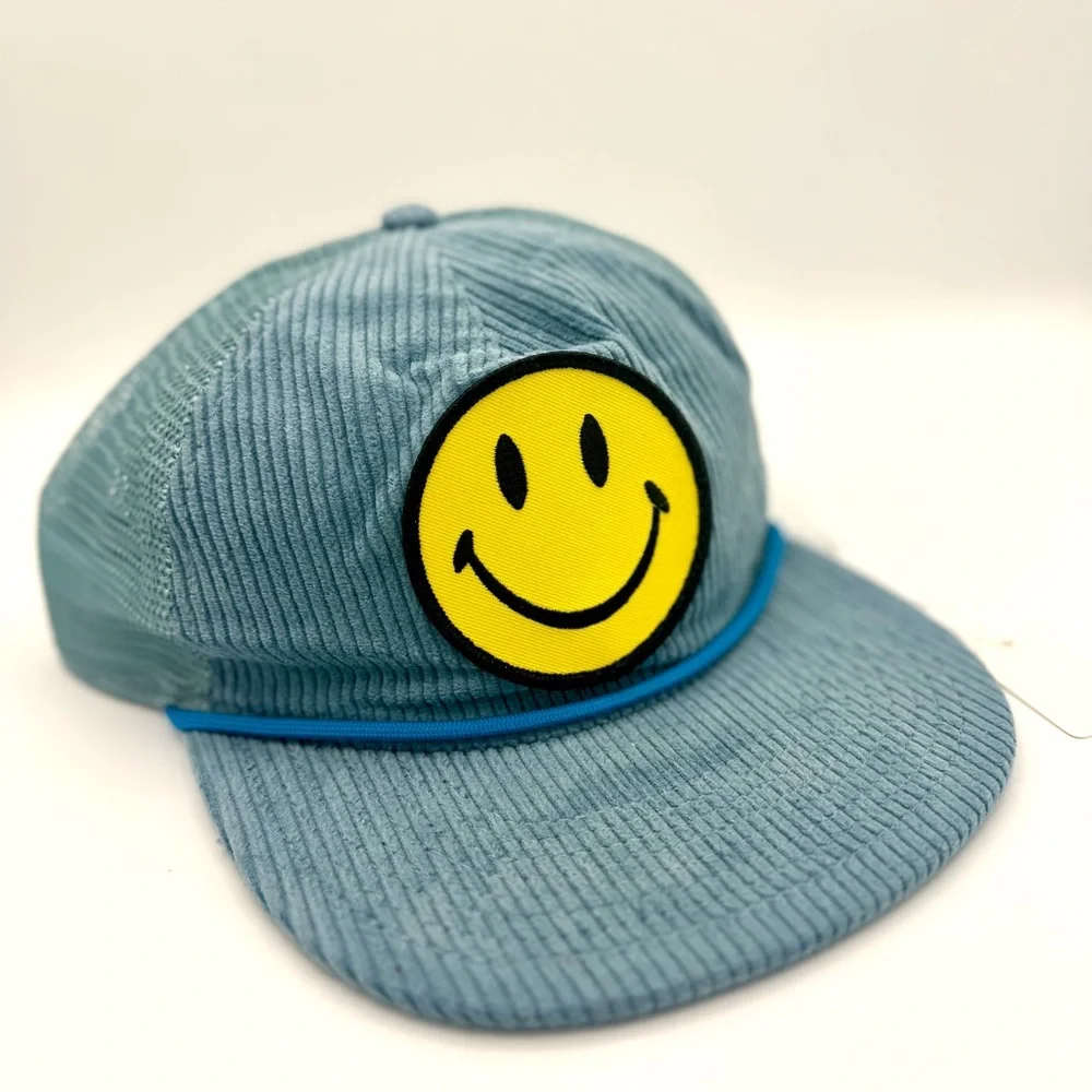 Aviator Nation Blue Corduroy Trucker Hat with Yellow Smiley Patch